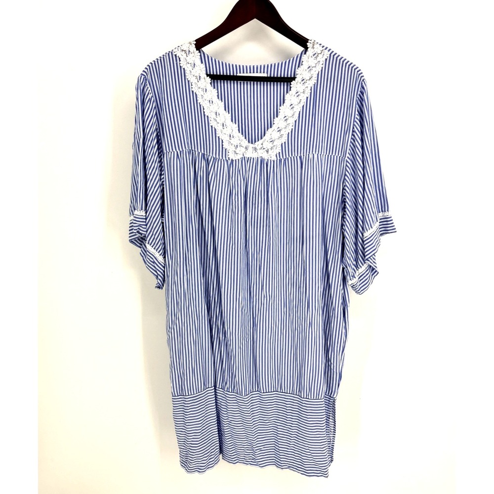 Eileen‎ West Sleepwear Women's Size L Blue White Stripe Gown Short Sleeve Modest